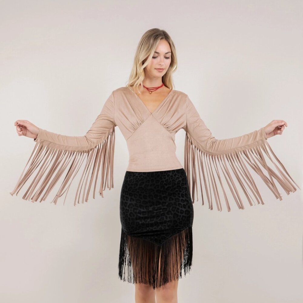 Tan Faux Suede Fringe Sleeve Top